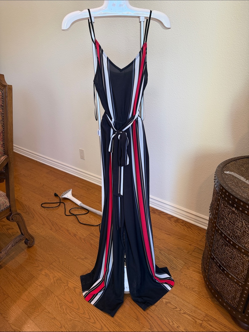 Striped Black V-Neck Jumpsuit with Red & White Accents